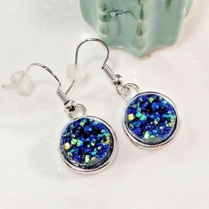 Womens Earrings Hook Dangle drop drusy Blue Silver